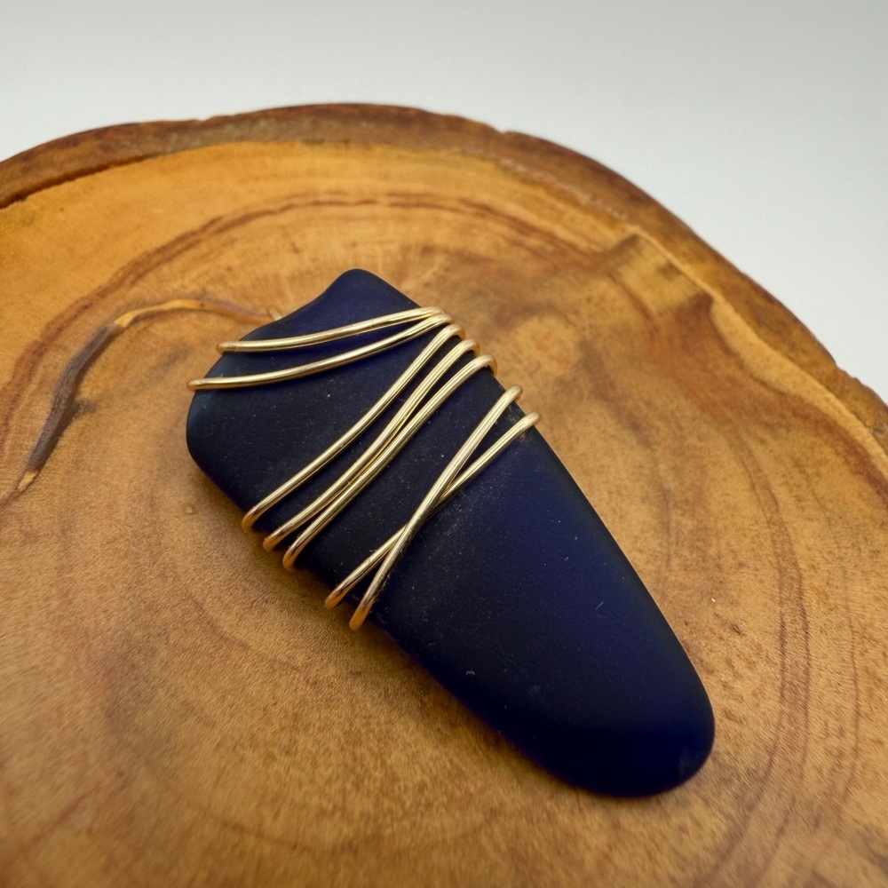 Navy Blue Tumbled Glass Pendant with Gold Wire Wrap